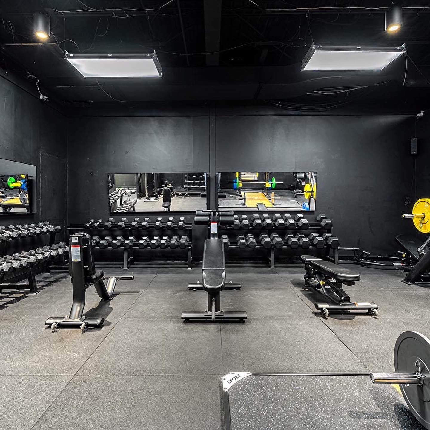 Dumbbell rack and benches in front of mirror wall at Elk Fitness